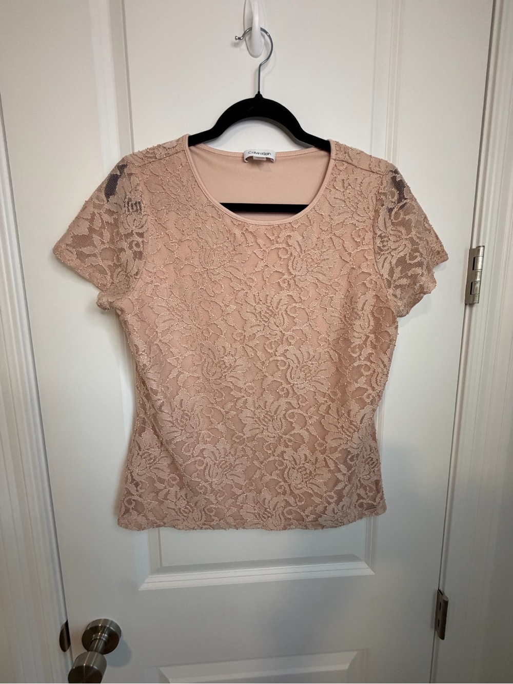 Calvin Klein Lace Short Sleeve Blouse - Blush Pink